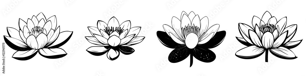 Multiple illustrations of lotus flowers showcasing various styles and designs in black and white Multiple illustrations of lotus flowers showcasing various styles and designs in black and white