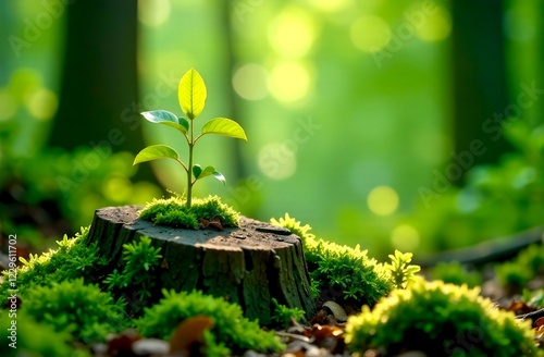 Small green sprout emerging from a tree stump surrounded by moss, symbolizing nature's resilience, growth, and the renewal of life in a peaceful forest setting with soft, glowing light. photo