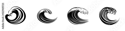 Illustrative depiction of ocean waves in various shapes and styles, showcasing the power and beauty of water dynamics in a minimalist design