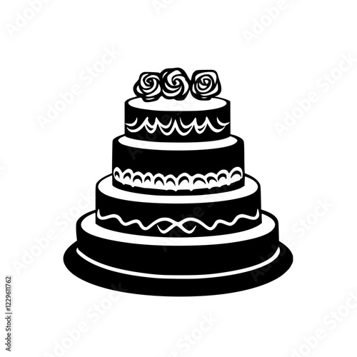 Elegant three-tier wedding cake adorned with roses and intricate patterns placed on a round plate