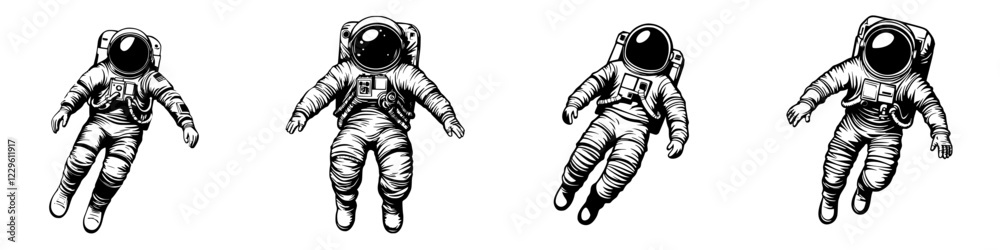 Astronauts floating in space with distinct suits and helmets during a cosmic mission exploration Astronauts floating in space with distinct suits and helmets during a cosmic mission exploration