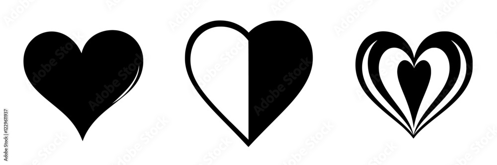 Different styles of hearts in black and white designs showcasing various shapes and patterns Different styles of hearts in black and white designs showcasing various shapes and patterns