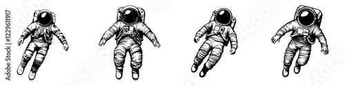 Astronauts floating in space with distinct suits and helmets during a cosmic mission exploration