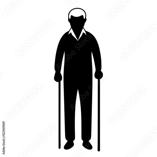 Elderly man with walking sticks standing still in a simple, solid silhouette representation