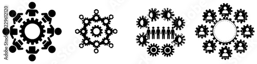 Collaborative teamwork symbols illustrating gears and people working together in a business context