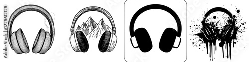 Various artistic designs of headphones showcasing creativity and unique styles in black and white