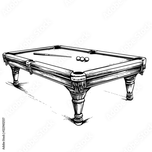 Vintage billiard table with cues and balls arranged in preparation for a game