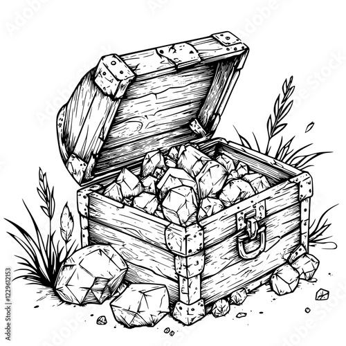 Treasure chest overflowing with gems and stones in a grassy area during daylight hours