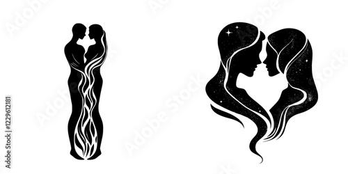 Couples in a creative silhouette design showcasing intimacy and connection using abstract forms and cosmic elements