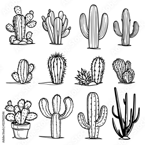 Cacti collection showcasing diverse species in minimalist black and white design full of unique shapes and textures