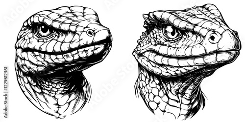 Detailed sketch of two lizard heads showcasing unique features and textures