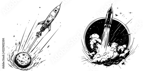 Rocket launch depicting interstellar travel with celestial bodies and cosmic elements in a monochrome design