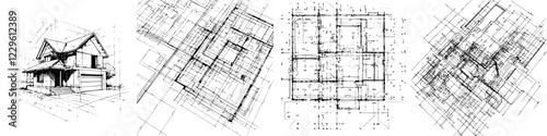 Architectural sketches showcase detailed house design and layout plans, demonstrating creativity in construction at various stages
