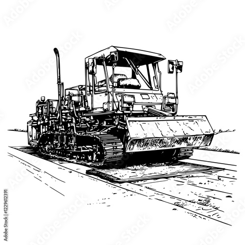 Construction vehicle working on a road during daylight with clear skies in an urban location