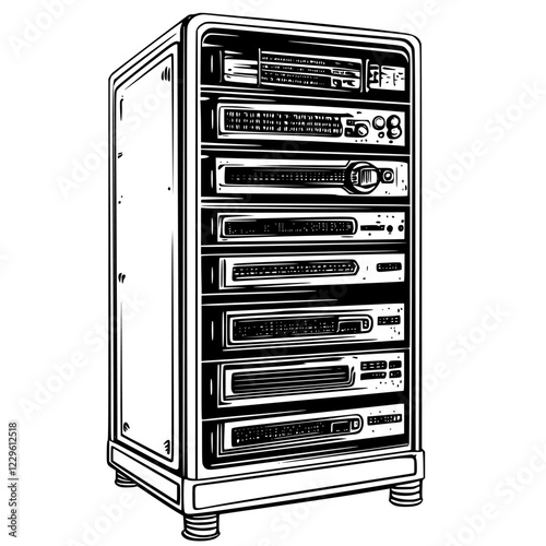 Vintage audio equipment rack showcasing multiple cassette players and recorders for an authentic music collection