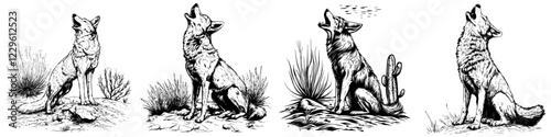 Illustrations of coyotes howling in a desert landscape during twilight