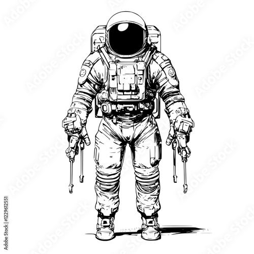 Astronaut standing on an alien landscape with tools in hand exploring the unknown in a futuristic setting