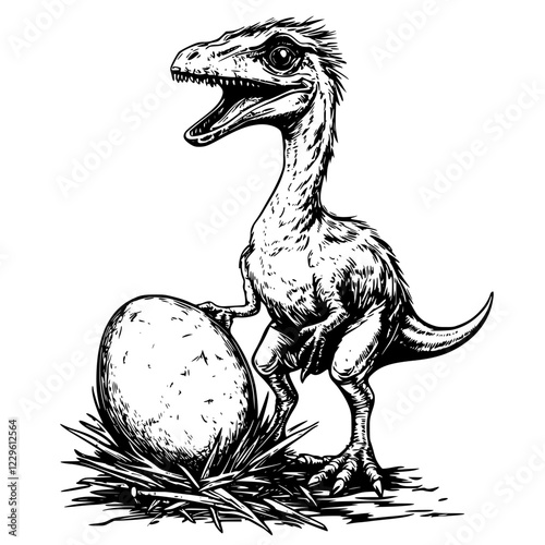 Cute dinosaur chick hatching from egg in nest during prehistoric era