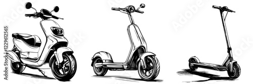 Various types of electric scooters displayed in a minimalist sketch style showcasing their design and features