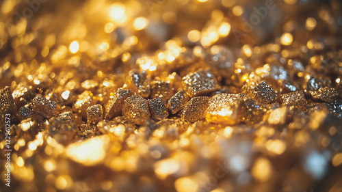 Golden Nuggets: Close-up view of a pile of glittering, lustrous gold nuggets, their surfaces reflecting warm, golden light.  The image evokes wealth, prosperity, and luxury. photo