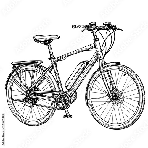 Electric bicycle parked on a bike rack in a sunny urban area during the afternoon