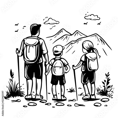 Family enjoys a hiking adventure in the mountains on a sunny day while embracing nature and exploring together