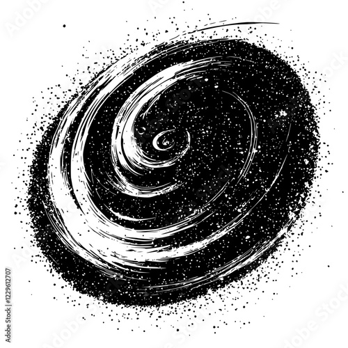Swirling black and white abstract design resembling a galaxy in a cosmic theme