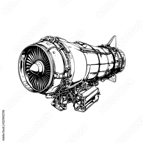 Detailed illustration of a jet engine showcasing its intricate components and design features