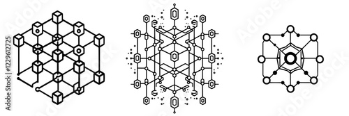 Intricate geometric patterns created with interconnected lines and shapes in black and white style