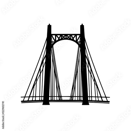 Unique suspension bridge silhouette with dramatic architectural lines against a white background