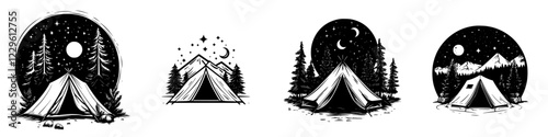 Outdoor camping illustrations depicting tents under the night sky with stars and mountains