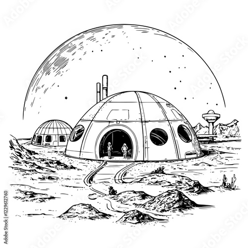 Futuristic habitat on an alien planet with two dome structures and an expansive planet view in the background