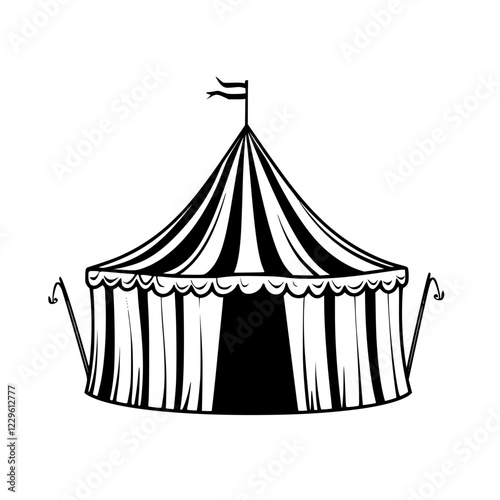 Colorful circus tent with stripes and flags set up for a family event or fair in a vibrant outdoor location