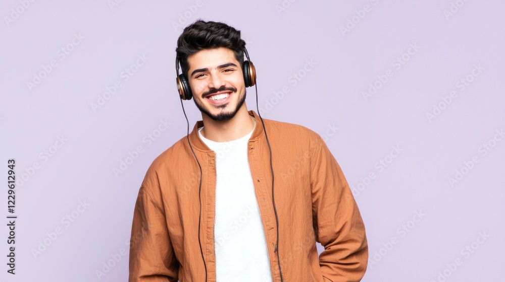 Obraz premium Smiling Man with Headphones on Purple Background