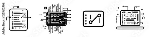 Digital technology symbols represent coding and data processing concepts in modern computing