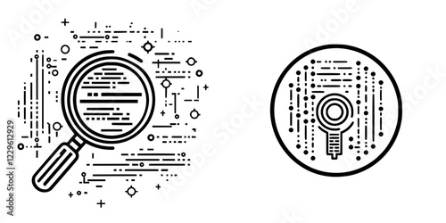 Creative line art compositions depicting a magnifying glass surrounded by abstract data patterns and connections