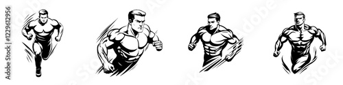 Dynamic illustrations of a muscular athlete sprinting in various poses capturing strength and speed during a race