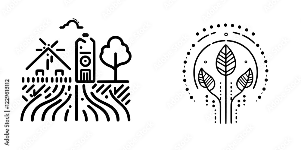 Landscapes featuring wind turbine, farmhouse, and stylized tree design promoting sustainability and nature Landscapes featuring wind turbine, farmhouse, and stylized tree design promoting sustainability and nature