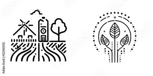 Landscapes featuring wind turbine, farmhouse, and stylized tree design promoting sustainability and nature