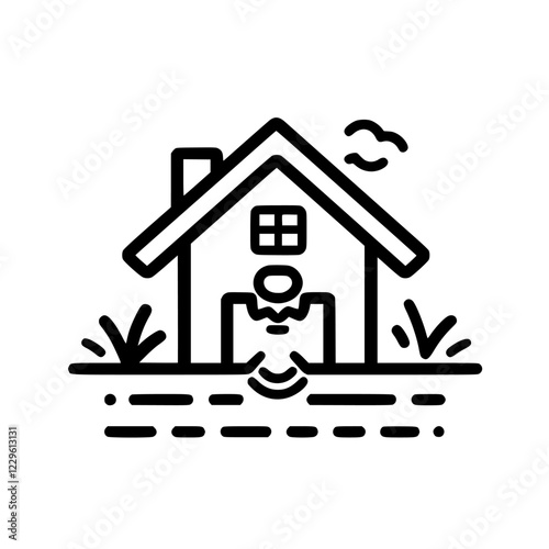 Home surrounded by floodwaters with a person wading through water during heavy rain in a rural area