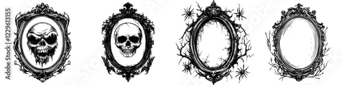 Unique graphic art featuring skulls and ornate frames in a dark, gothic style for Halloween or spooky decor