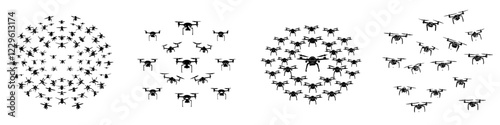 Drones of various patterns and formations in a digital design showcasing aerial technology and movement