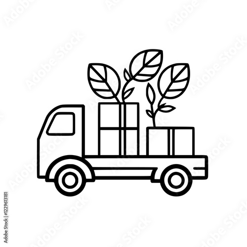 Delivery truck transporting boxes of plants during a sunny day in an urban area