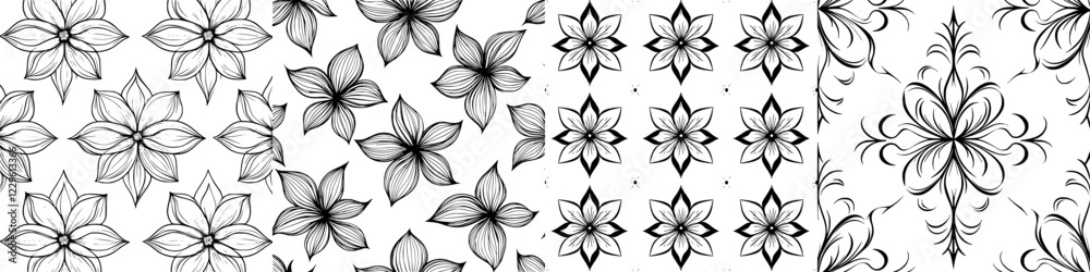 Floral patterns featuring intricate line designs on a white background with symmetrical arrangements and artistic detailing Floral patterns featuring intricate line designs on a white background with symmetrical arrangements and artistic detailing