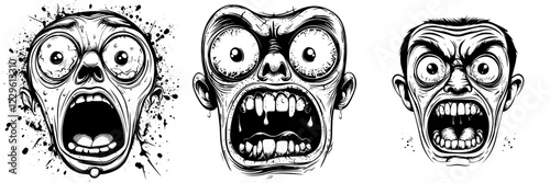 Detailed expressions of fear and anger captured in black and white illustrations