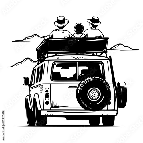 Friends enjoying a road trip with a stunning view in the background on a sunny day