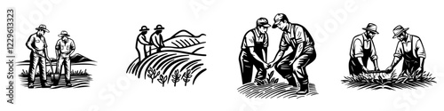 Farmers working together in fields growing crops at a rural location under clear skies in daylight hours