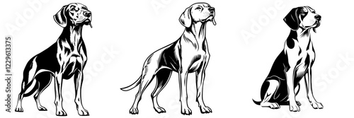 Stylized illustrations of three different dog breeds showcasing their unique features and postures in a dynamic composition