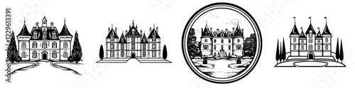 Elegant architectural designs of chateaus in various styles and perspectives suitable for any artistic project