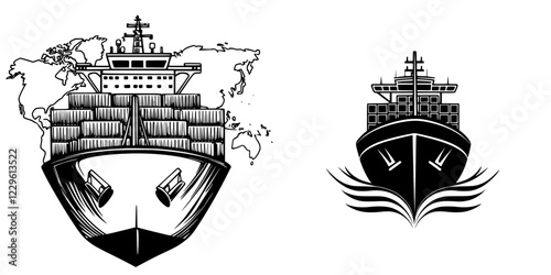 Detailed illustrations of cargo ships showcasing global shipping routes and maritime industry elements
